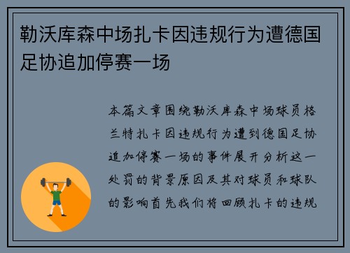 勒沃库森中场扎卡因违规行为遭德国足协追加停赛一场 勒沃库森中场扎卡因违规行为遭德国足协追加停赛一场